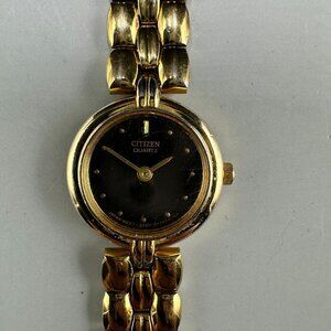 Citizen Watch Women Gold Tone Black Dial Bracelet Band New Battery 6.5 Inchb